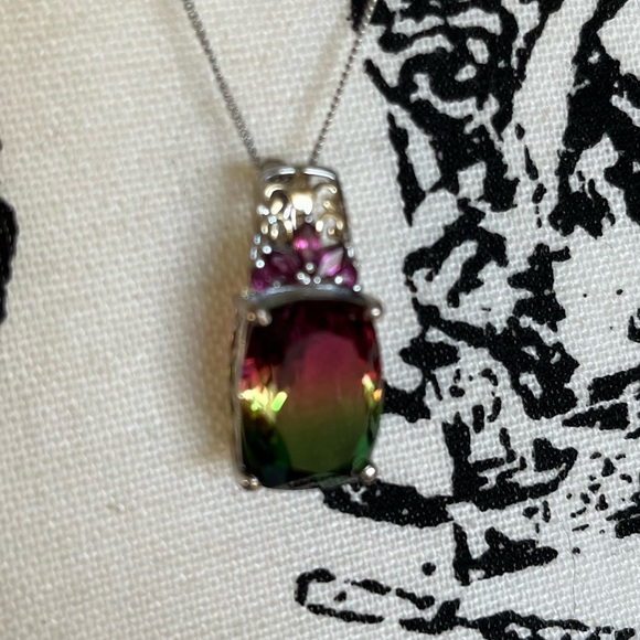🍉 Watermelon Quartz, Orissa Rhondolite, Garnet Sterling Pendant w/ 20in Chain - Picture 5 of 11